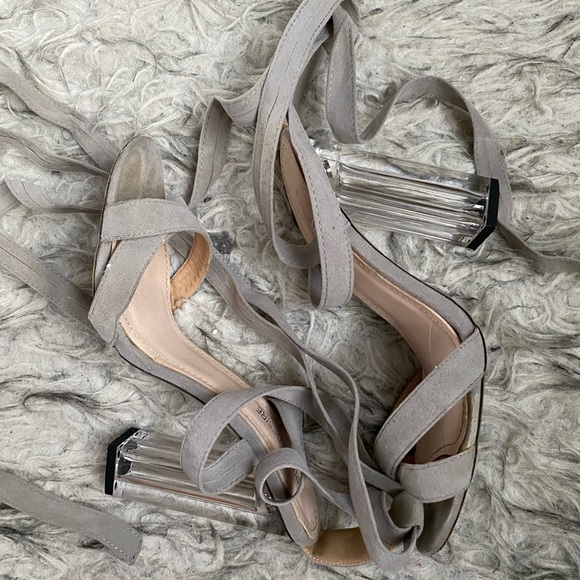 Public Desire grey wrap tie sandals with perspex heel - Picture 1 of 5